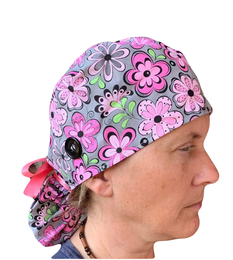 Pink Flowers Scrub Cap