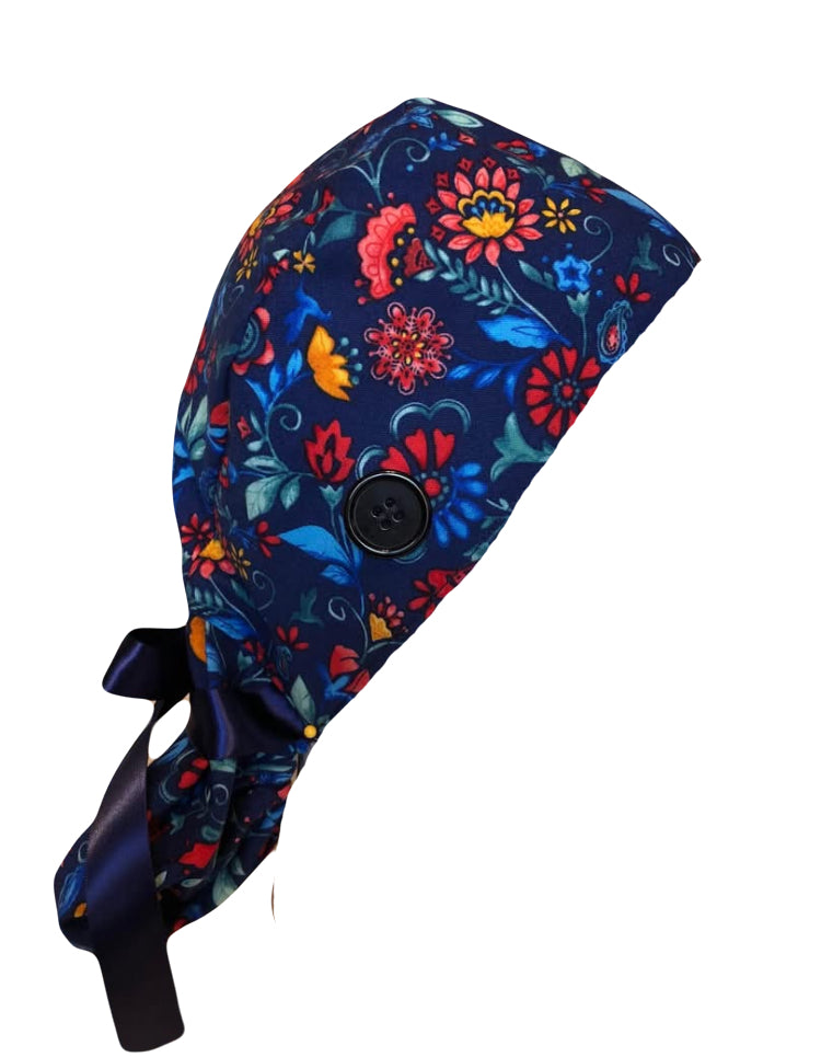 Flowers Navy Red Scrub Cap