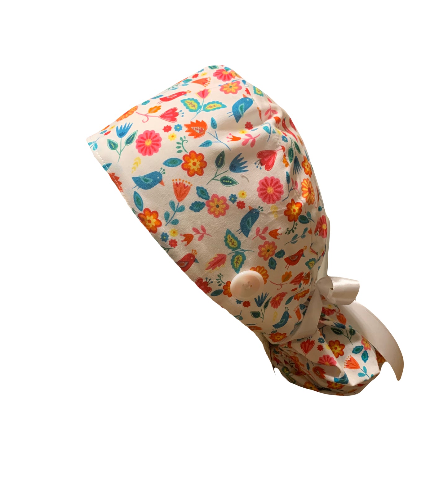 White Birds Flower Scrub Cap