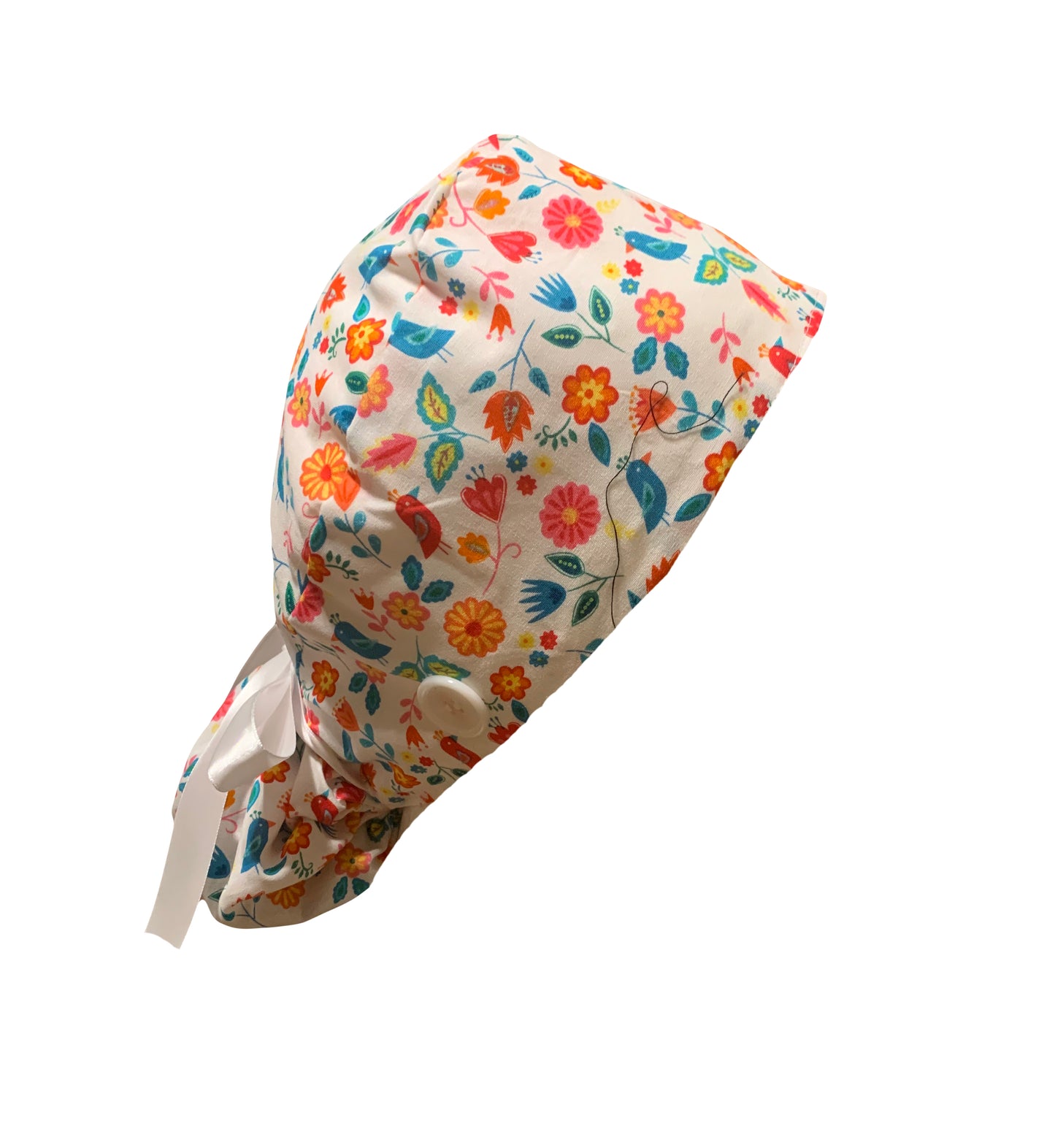 White Birds Flower Scrub Cap
