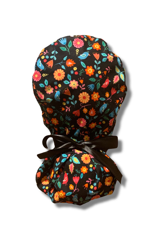 Flowers Black Scrub Cap