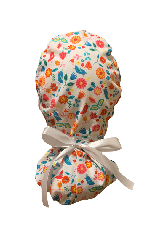 White Birds Flower Scrub Cap